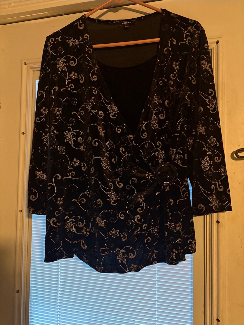 Elementz Black Velvet Wrap Top with Silver Floral Swirl